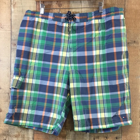 Tommy Hilfiger Board Shorts Mens XXL Green Plaid Swim Trunks Surf Summer Beach - Picture 1 of 16